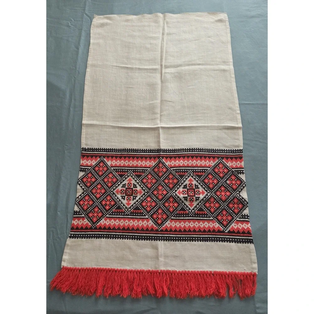 Vintage Ukrainian Rushnyk Embroidered Linen Towel, Red & Black Cross-Stitch Art